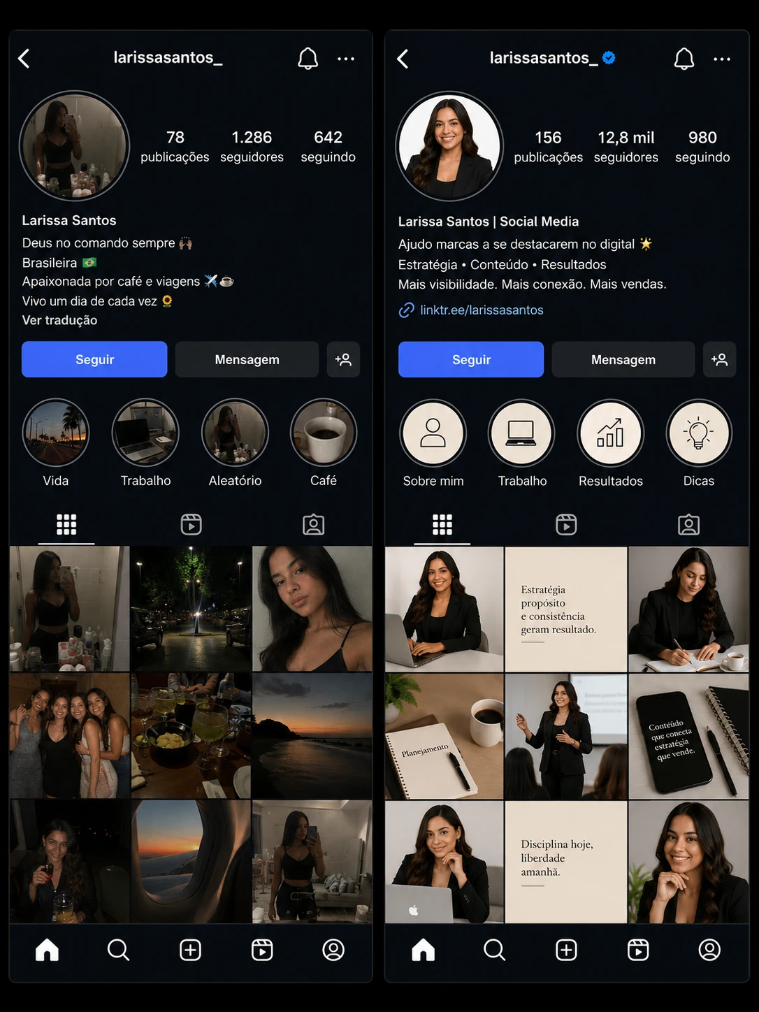 Antes e depois do perfil